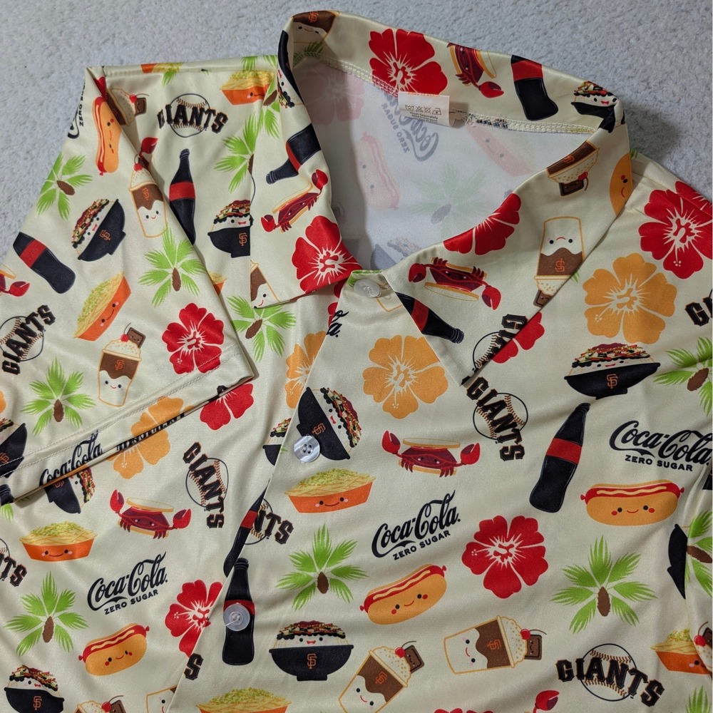 MLB San Francisco Giants Button Up Shirt Mens Med Cream Coca-Cola Aloha Hawaiian